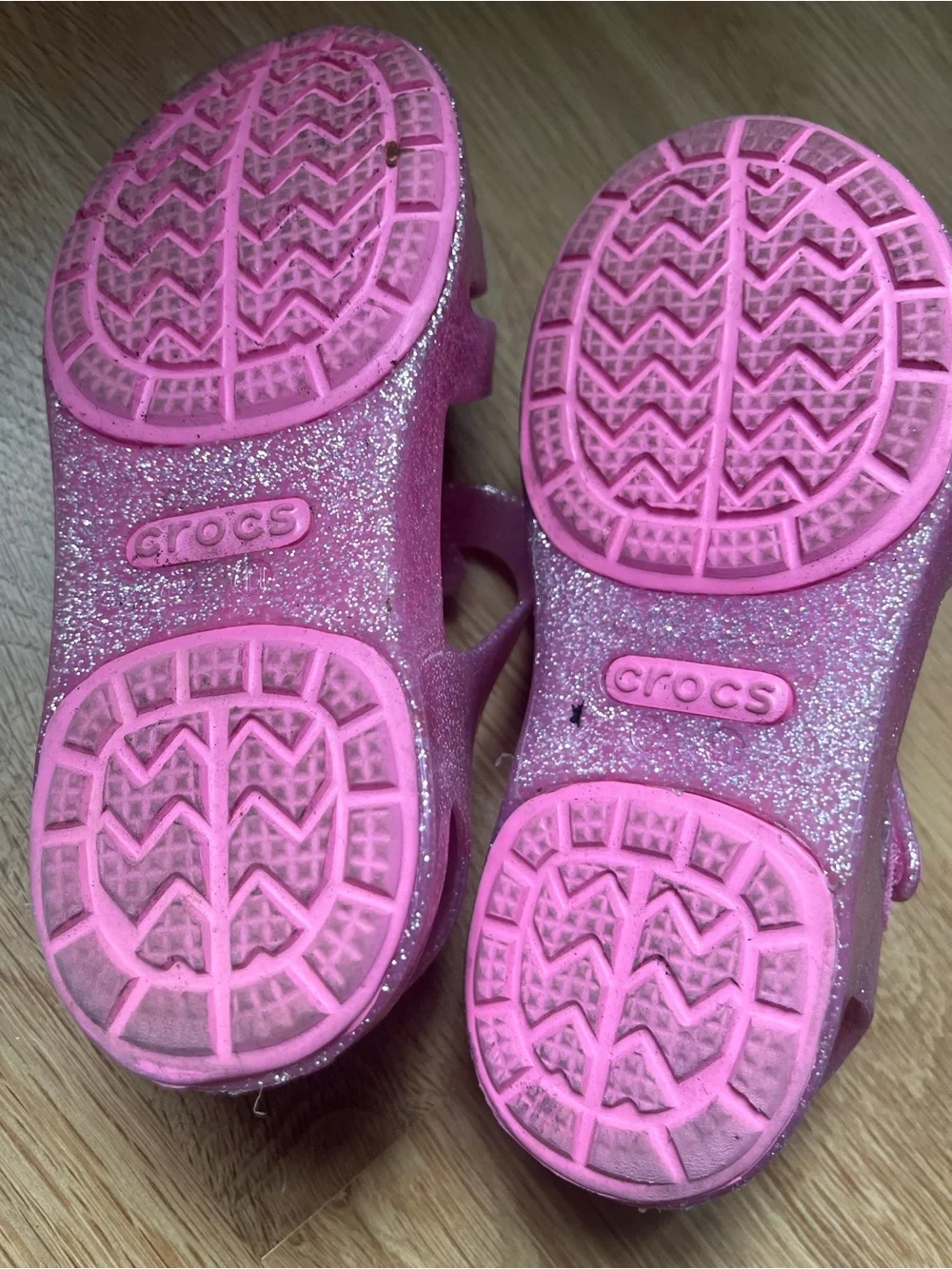 CROCS Kids Pink Glitter Jelly Sandals with Rainbow and Cloud Charms